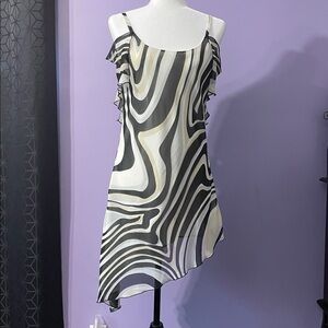 Y2K Asymmetrical Midi Strap and Off the Shoulder SwirlDressSize6 BlackWhiteCream